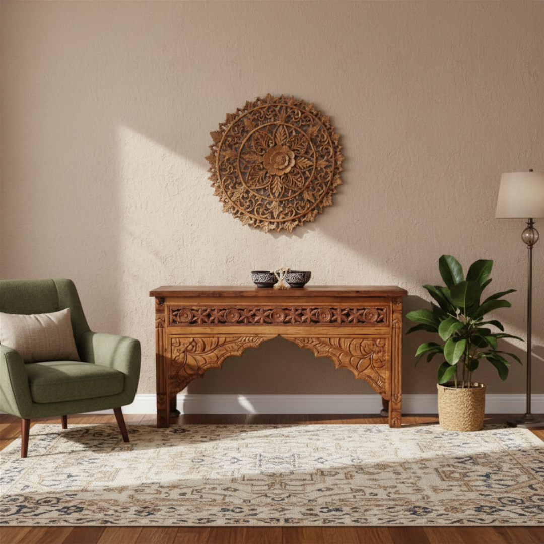 Balinese carved teak console table styled in a living room with carved mandala wall art, green armchair and indoor plant
