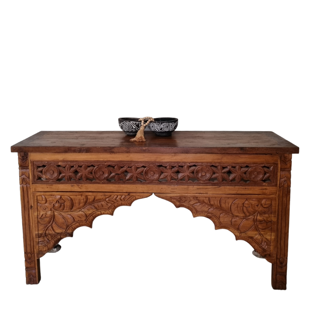 Console table on white background – front view showing intricate hand-carved floral and arch detailing, dark brown finish, handcrafted furniture by Azure Decor