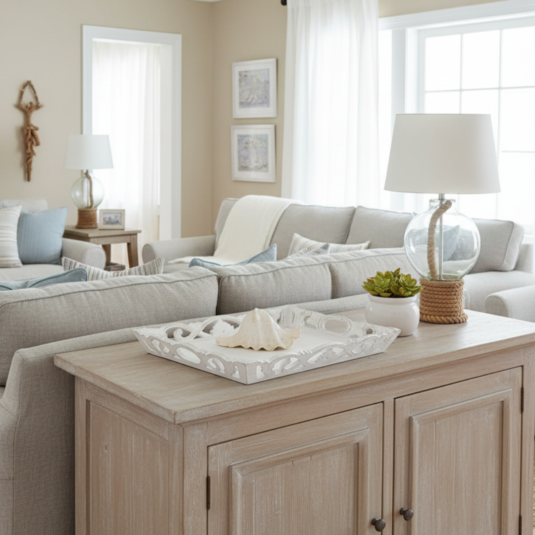 Balinese whitewash carved wooden tray styled as decorative art on a cabinet in a coastal Hamptons living room