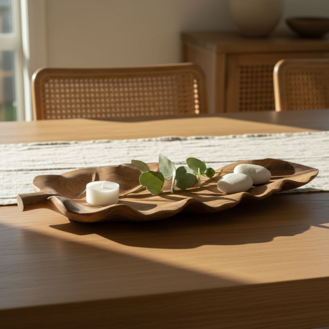 Style 1 on a light oak dining table with eucalyptus, tea light and white pebbles — warm coastal afternoon light