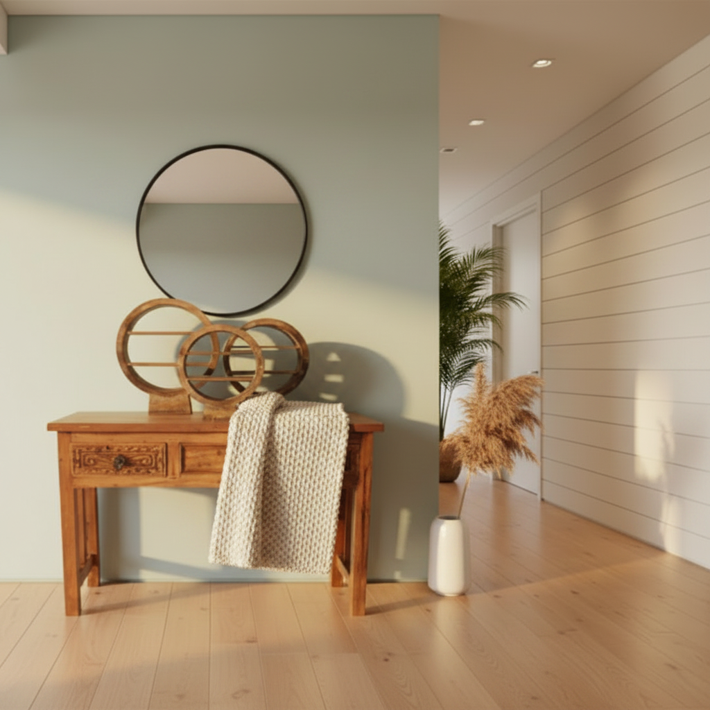Circular console table décor set of three brown wash wooden display stands styled on a carved timber console table in a Scandinavian hallway with round black mirror and pampas grass