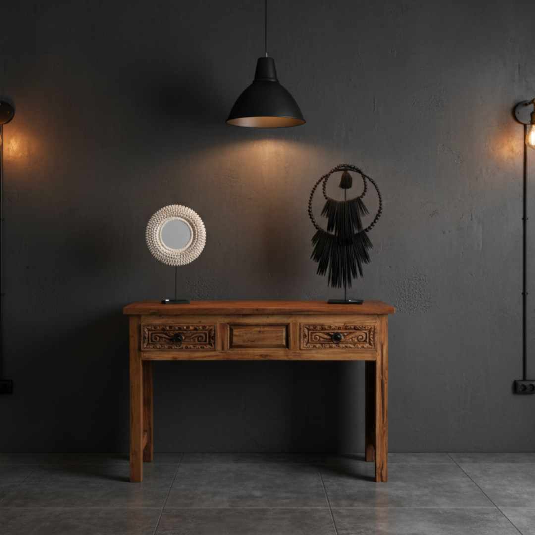 Moody Industrial console cabinet against a dark charcoal concrete wall with coastal decor