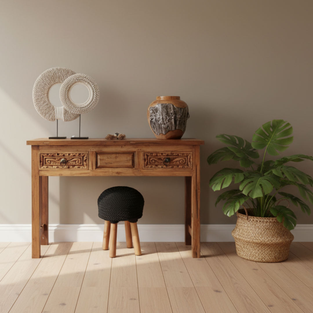 Warm Scandinavian coastal with carved drawers styled in a warm Scandinavian coastal room with monstera plant