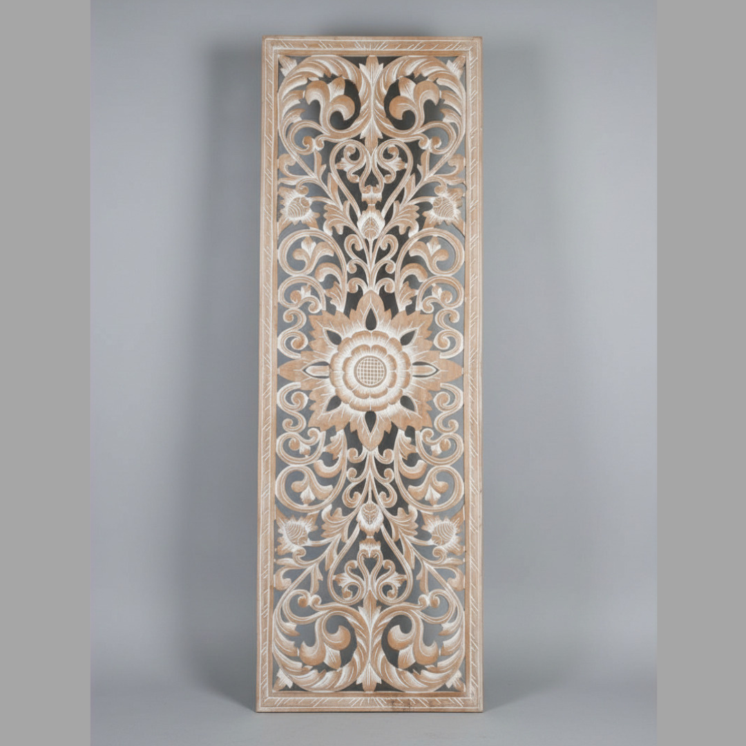 rectangular whitewash MDF wall panel with layered floral scrollwork, acanthus leaf motifs and central sunburst flower, landscape forma