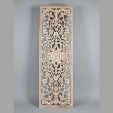 rectangular whitewash MDF wall panel with layered floral scrollwork, acanthus leaf motifs and central sunburst flower, landscape forma