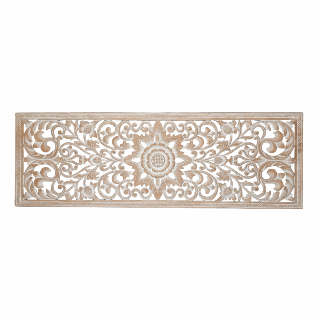 showing full hand-carved floral scroll and leaf cutout detail in whitewash finish on white background