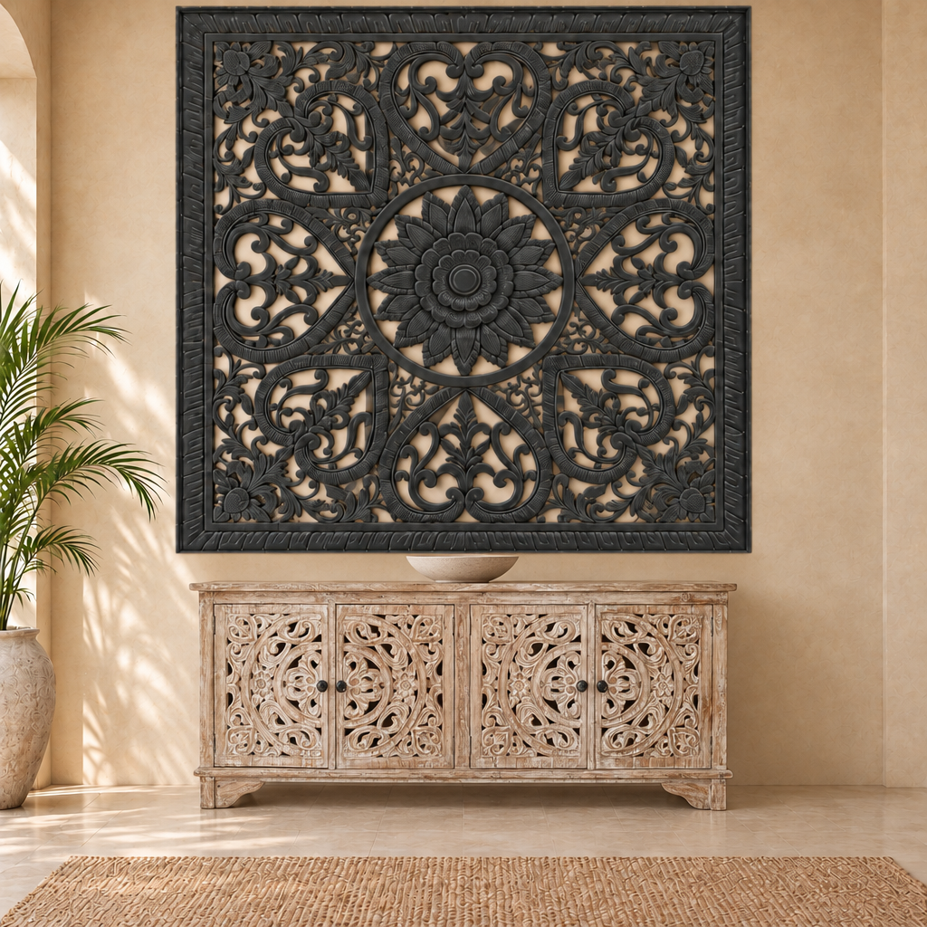 Black wall panel measuring 200 × 200 cm above a pale carved cabinet measuring 180 cm wide, with a ceramic bowl centred on top.
