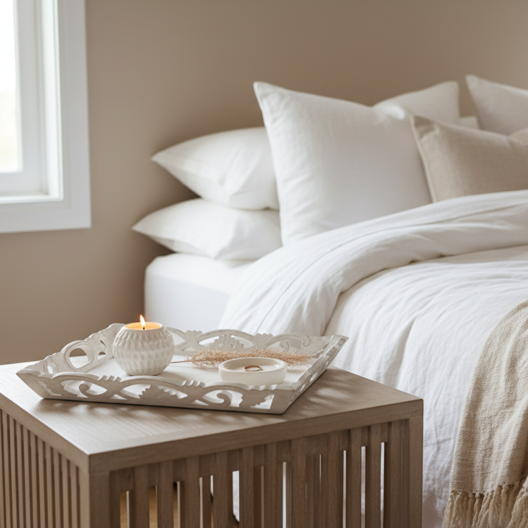 Medium Balinese whitewash carved wooden tray styled on a bedside table with candle, pampas grass and ring dish