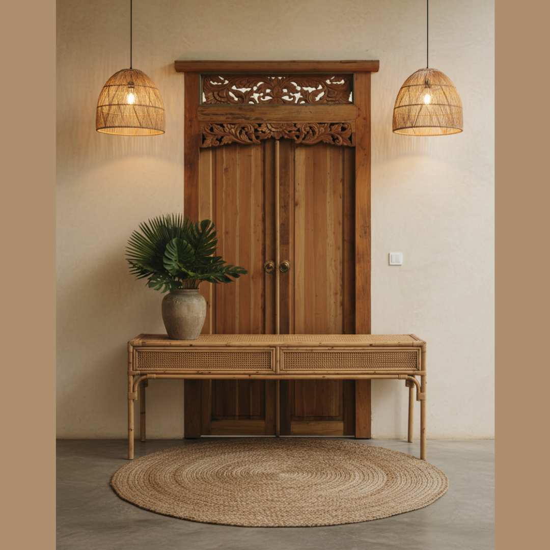 Balinese reclaimed timber double door styled indoors set into a limewash wall with rattan console, tropical leaf arrangement and warm pendant lighting