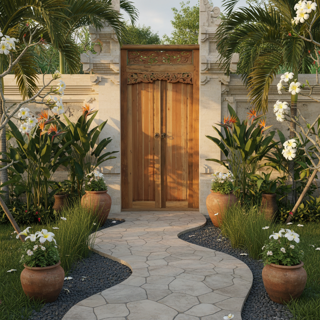 Hand-carved floral frieze set into a grand tropical villa entrance, surrounded by bird of paradise, palm fronds and frangipani in warm golden hour light 
