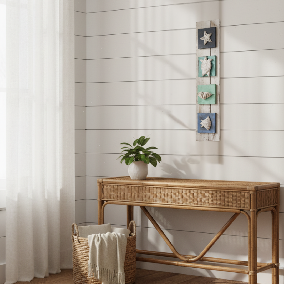 Wooden console table with a plant and basket against a white paneled wall with decorative wall art.