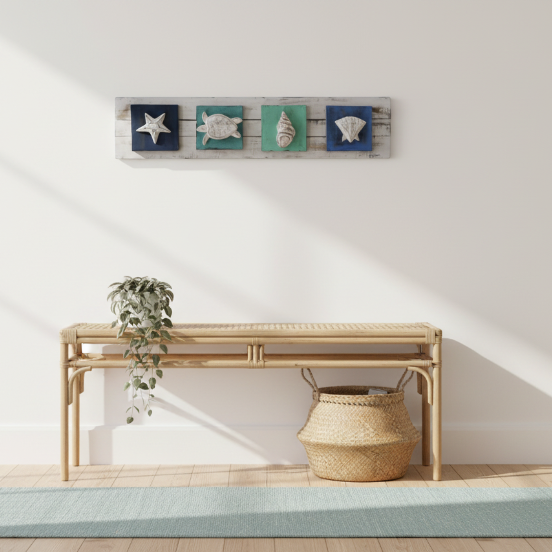 Handcrafted sea life wall art hung horizontally in a coastal hallway entry above a rattan console table with coastal greenery and woven basket