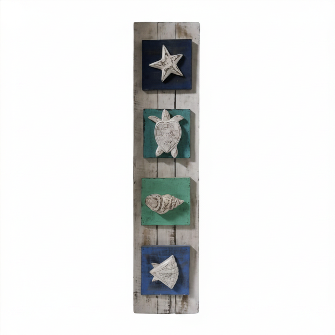 Decorative wall art with star, turtle, shell, and fish on a wooden background