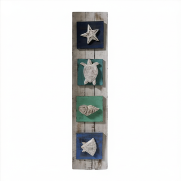 Decorative wall art with star, turtle, shell, and fish on a wooden background