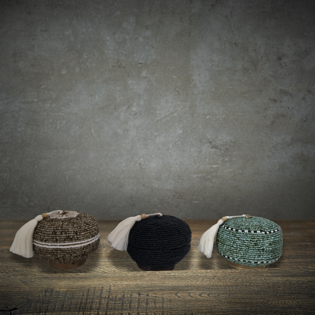 Beaded Bamboo Trinket Box in beige, black and turquoise – lifestyle shot on timber surface | Azure Decor
