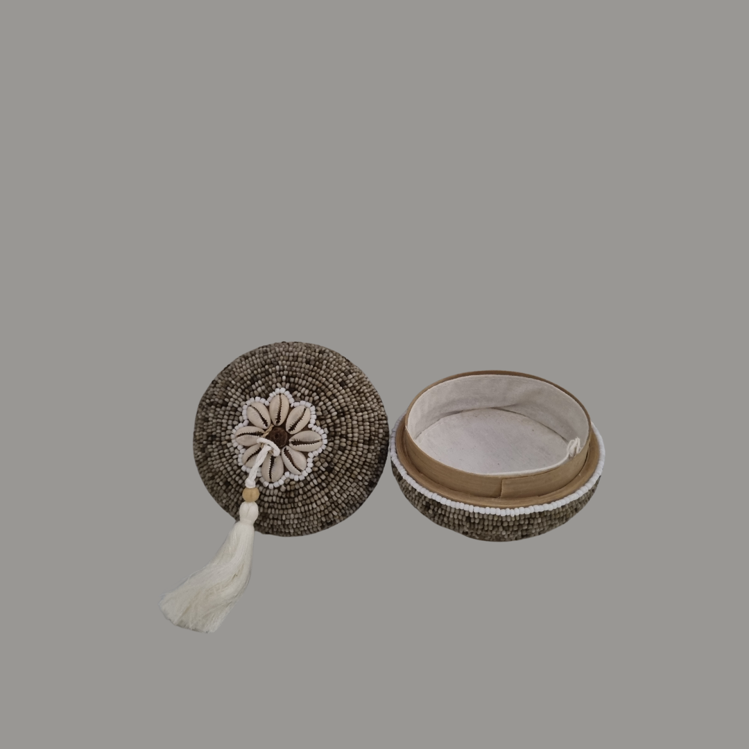Beaded Bamboo Trinket Box beige design open lid and base 