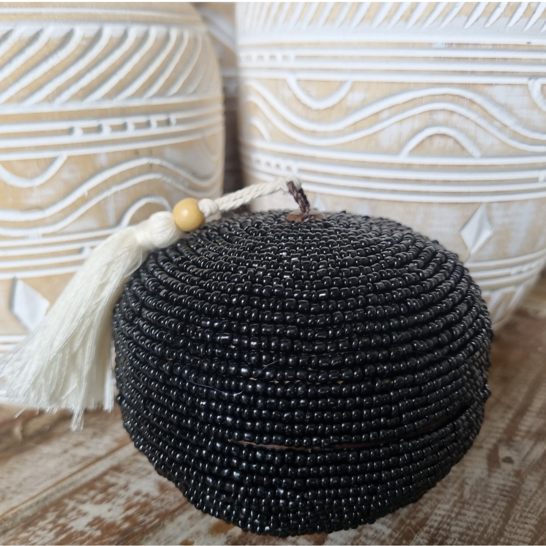 Black Beaded Bamboo Trinket Box styled on bedside table with shell decor | Azure Decor