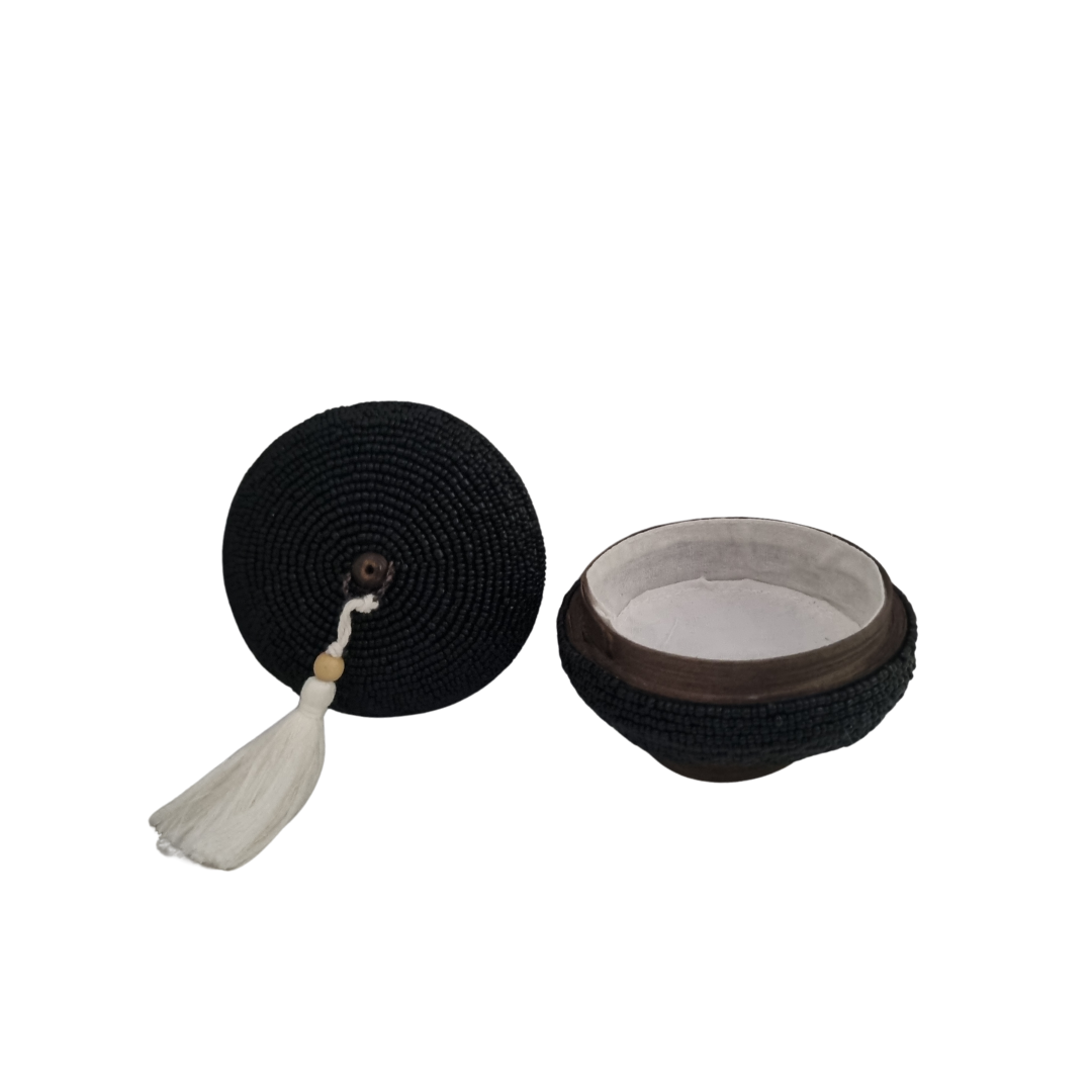 Beaded Bamboo Trinket Box black in colour with the lid off 
