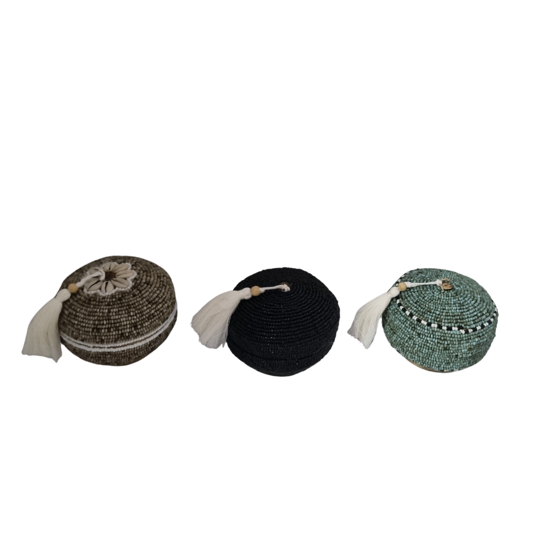 Beaded Bamboo Trinket Box in beige, black and turquoise – handcrafted with tassels | Azure Decor
