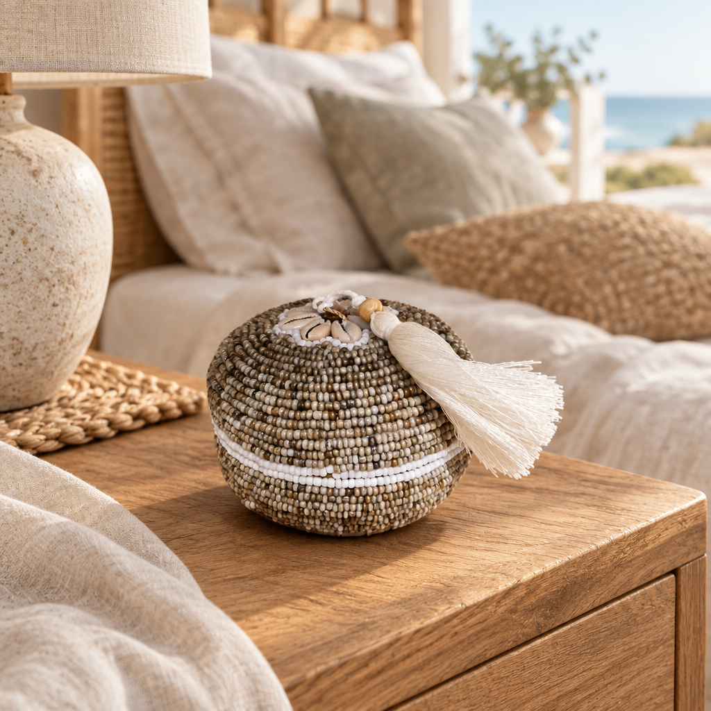 Beige and brown round beaded piece with shell flower detail on a warm oak bedside table