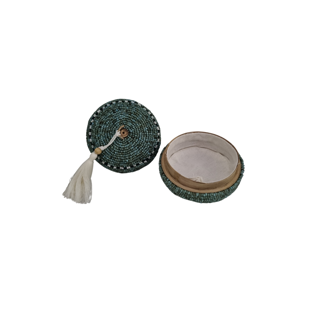 Beaded Bamboo Trinket Box turquoise trinket box opened with a picture of the insdie and the lid 