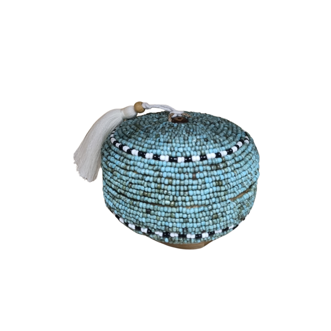 Beaded Bamboo Trinket Box turquoise design with tassel 