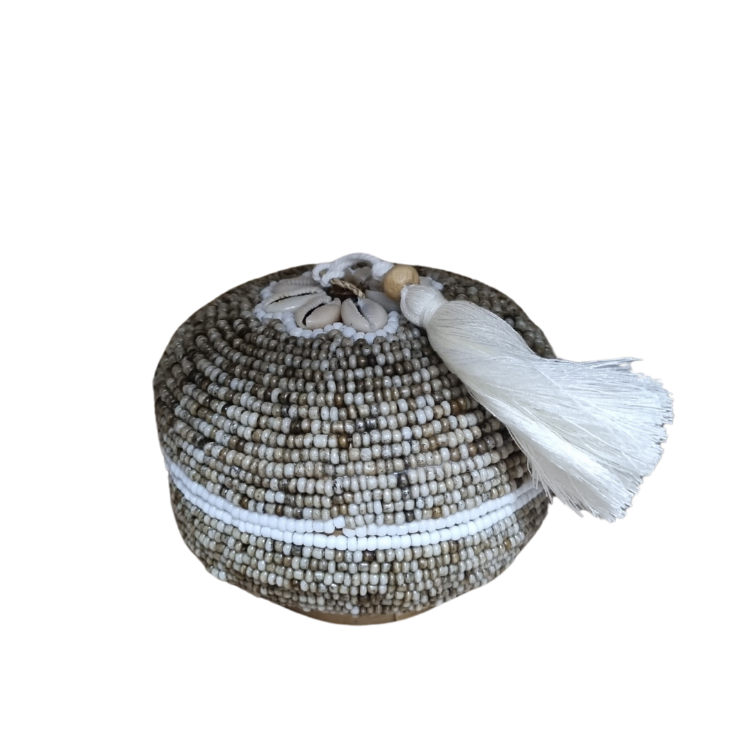 Beaded Bamboo Trinket Box beige round beaded box close with tassel