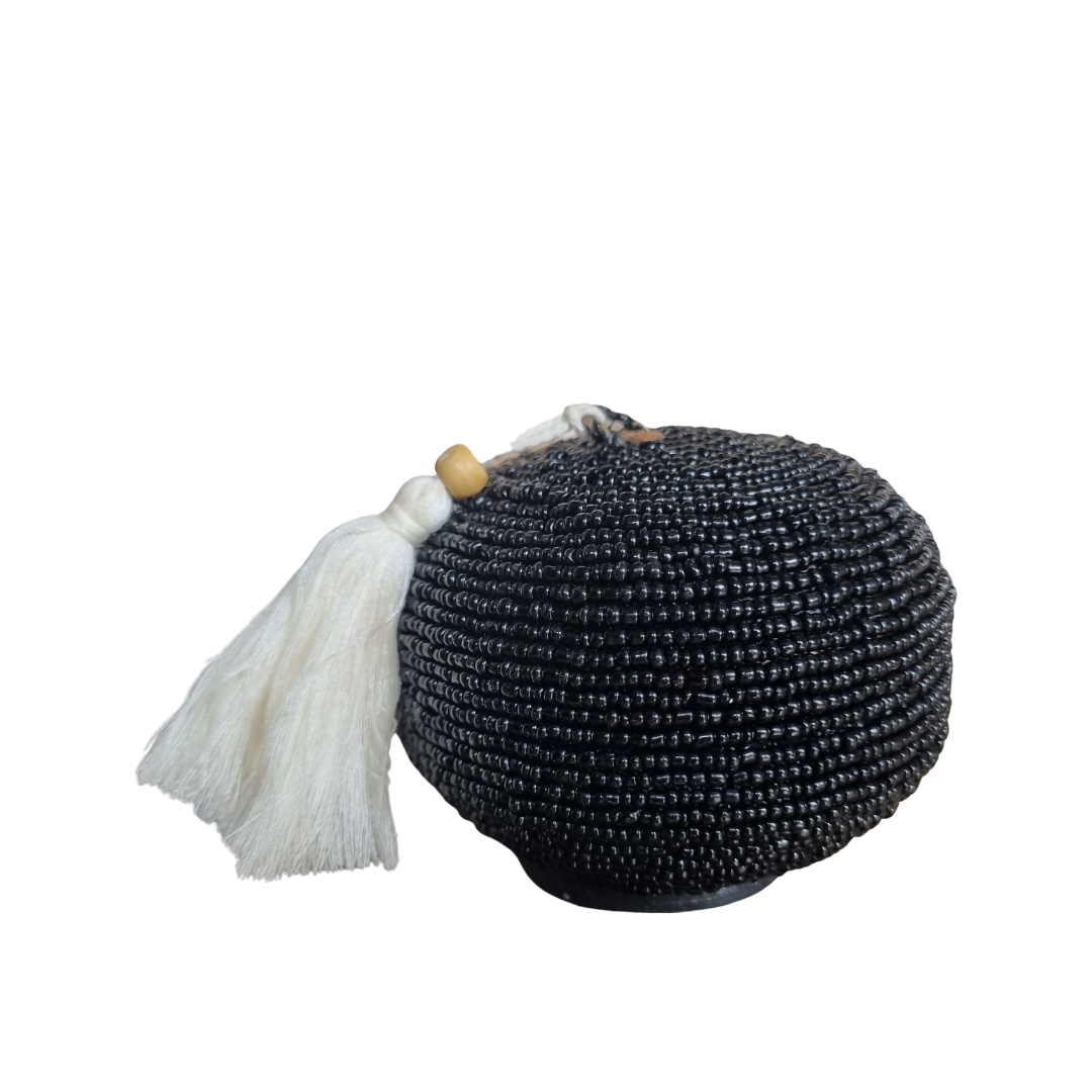 Beaded Bamboo Trinket Box Beaded Bamboo Trinket Box black round beaded box close with tassel