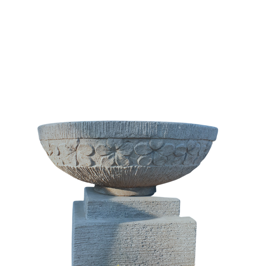 Decorative  bowl on a pedestal with floral patterns against a white background
