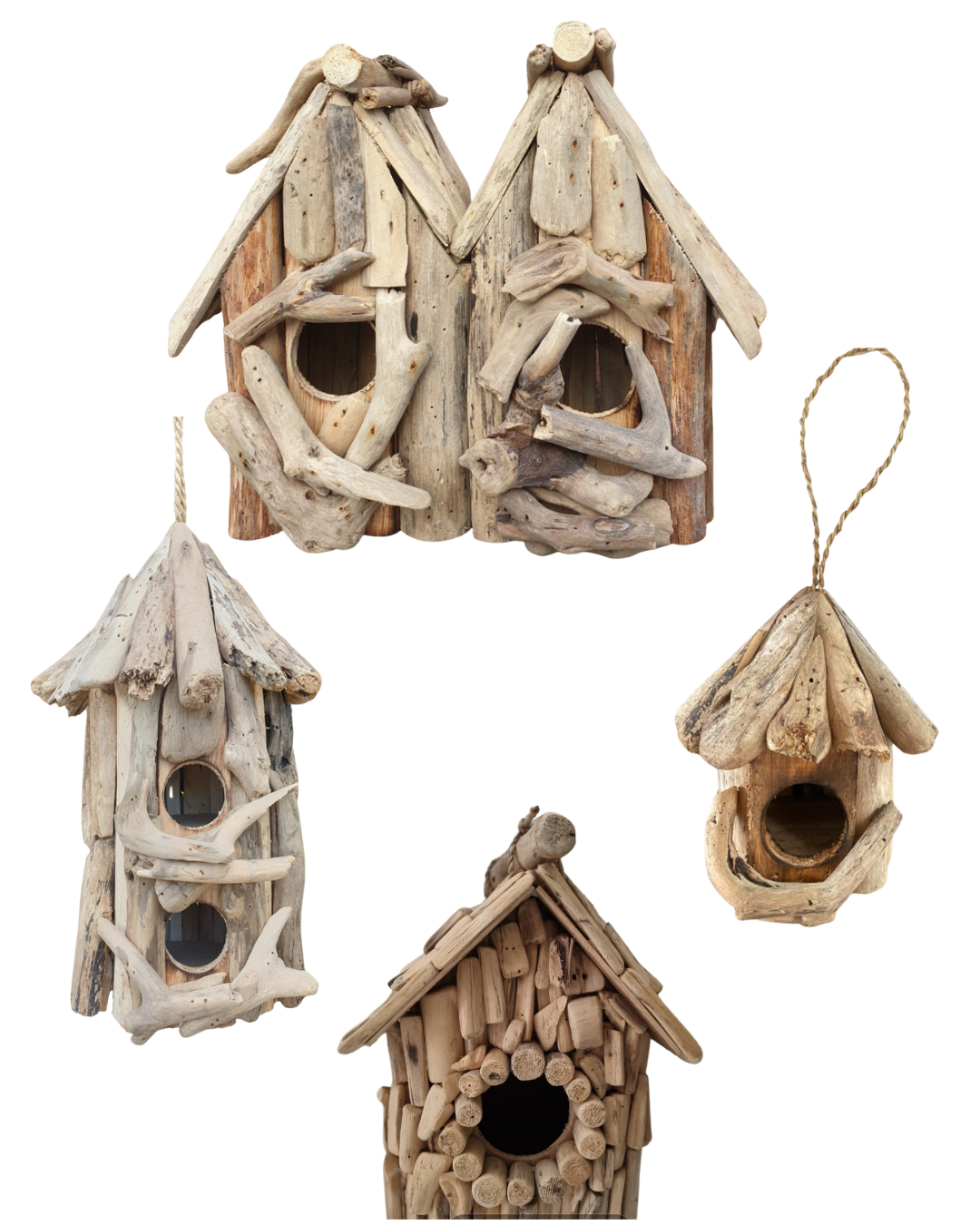 four rustic wooden birdhouses made from driftwood on a white background