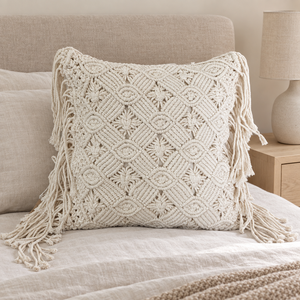 Textured off-white cotton cover displayed against a sand-coloured bedhead