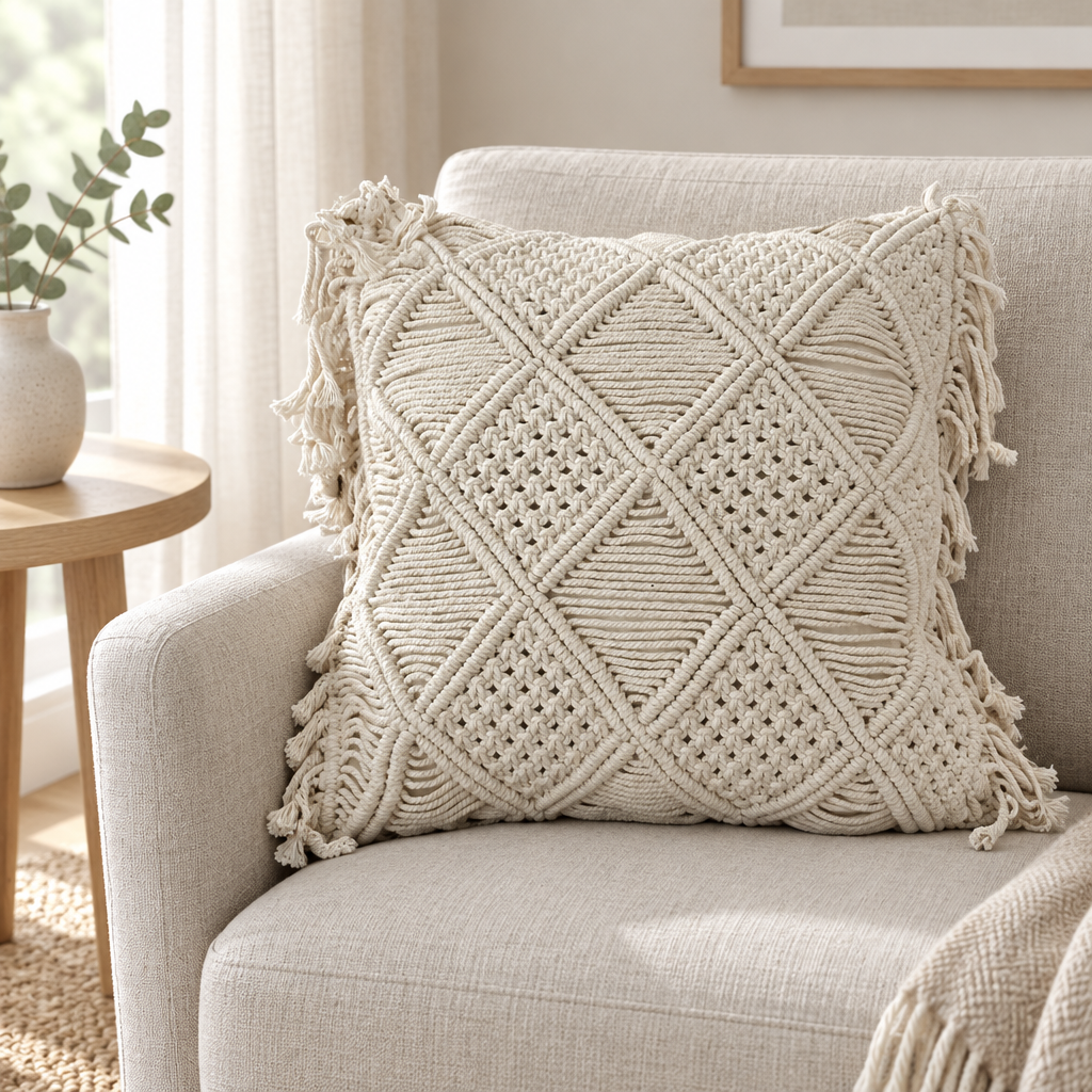Knotted cotton cover with side tassels displayed on a natural linen armchair