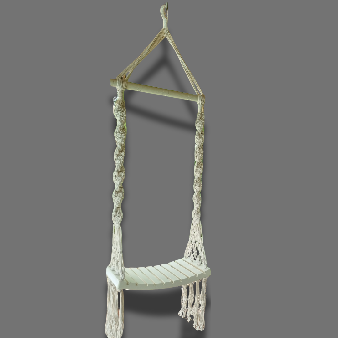 Solid wooden seat, designed with intricate patterns and tassels.