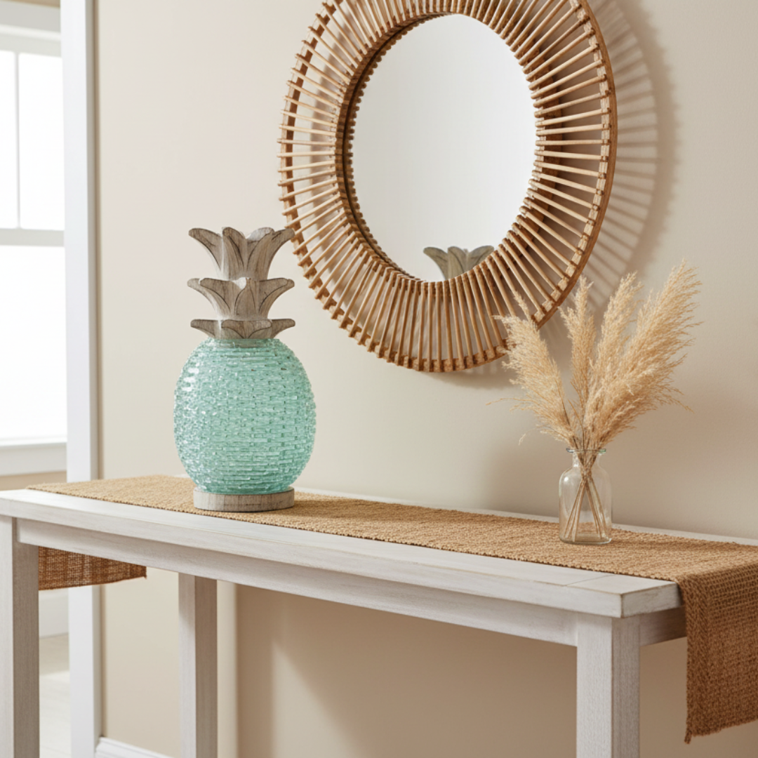 Large Boho Glass Pineapple Décor styled on a coastal hallway entry console table with a round rattan mirror, dried pampas grass in a glass vase and a woven jute runner — handcrafted aqua sea-glass tropical boho tabletop sculpture by Azure Decor