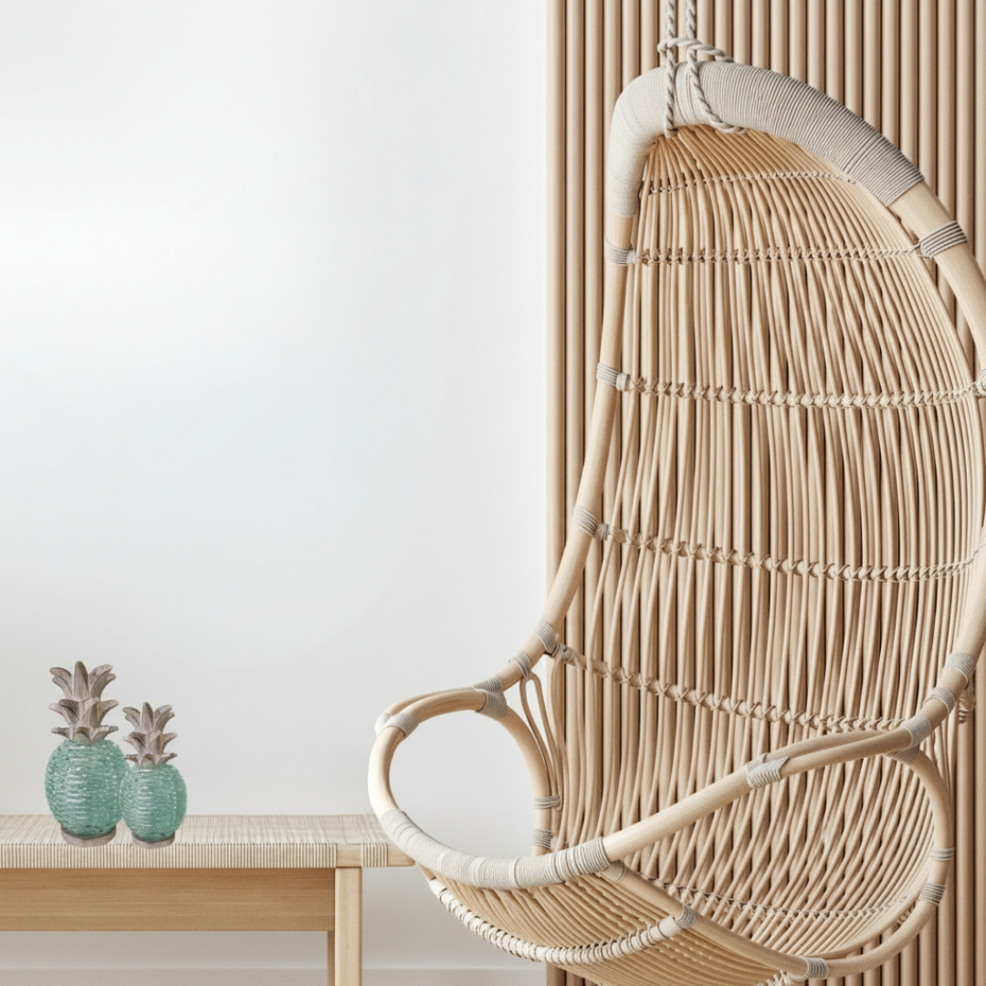 Two Boho Glass Pineapple Décor sculptures in aqua sea-glass with whitewashed carved wooden leaf tops, styled on a natural timber console table beside a hanging rattan egg chair against a slatted timber feature wall — coastal boho living room décor by Azure Decor