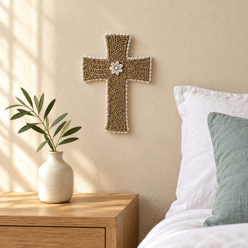 a soft bedroom setting with white linen, seafoam accents and a simple bedside table.