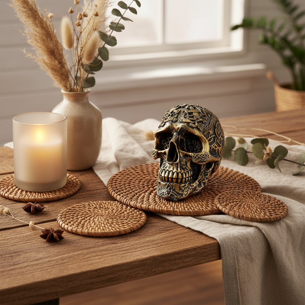 Gold ornate Celtic skull sculpture styled on a rustic boho tabletop with pampas grass, rattan, linen, dried botanicals and candles in warm ambient lighting