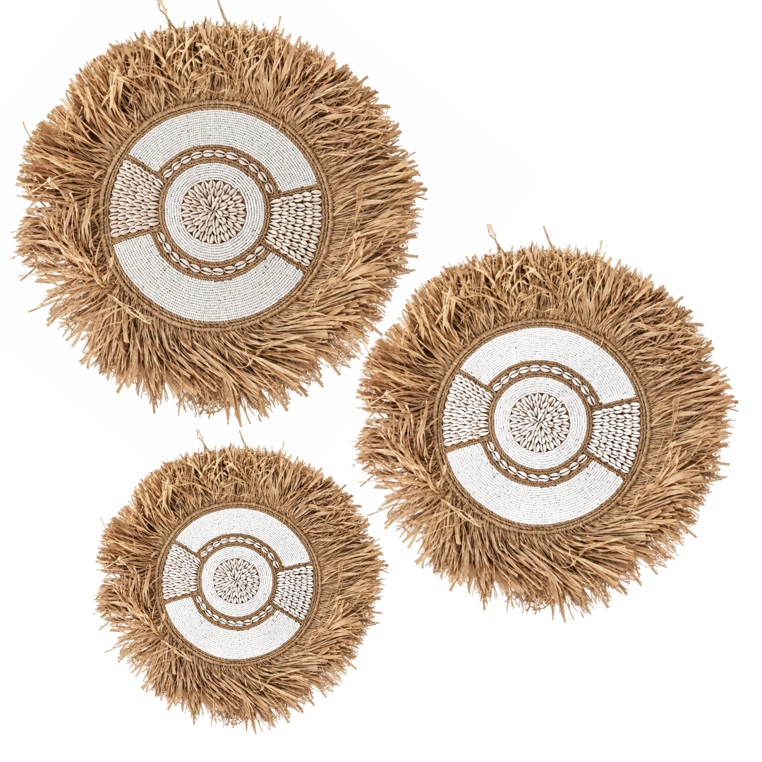 Three round natural jute wall hanging planters with white woven circular centers, arranged on a plain white background.