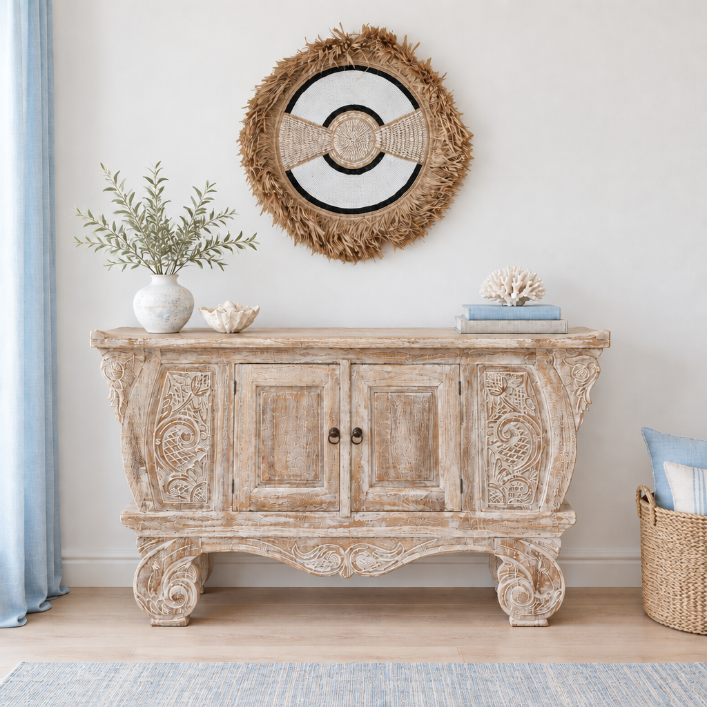 Boho Style Shield Wall Art set in a coastal home above a wooden balinese style cabinet 