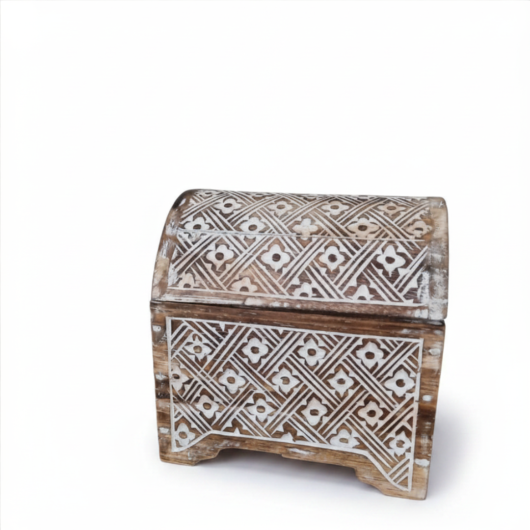 Boho Trinket Chest Storage Box — wooden chest with geometric Balinese carvings on a white background