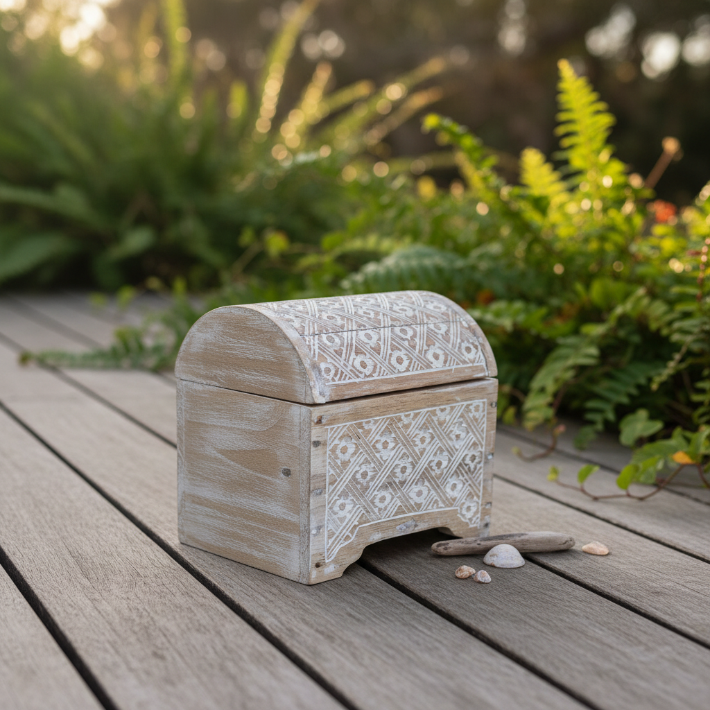 Wooden box with decorative patterns on a wooden surface with greenery in the background