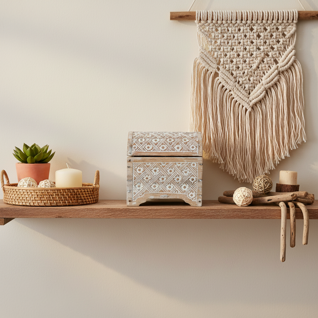 White wash carved wooden chest on a timber shelf styled with a macramé wall hanging, succulent, rattan tray, pillar candle and driftwood