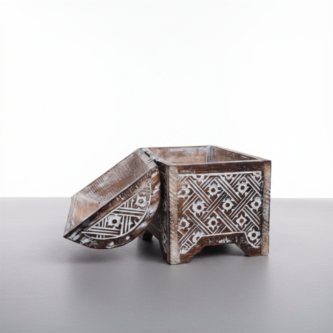 Wooden planter box with geometric patterns on a white background