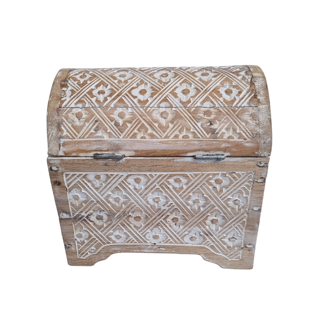 back view of a wooden carved box 