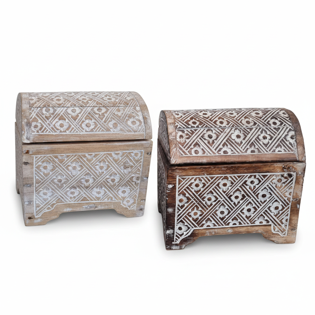  Boho Trinket Chest Storage Box in brown wash, handcarved reclaimed timber with Balinese floral geometric carvings, white background