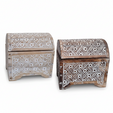  Boho Trinket Chest Storage Box in brown wash, handcarved reclaimed timber with Balinese floral geometric carvings, white background
