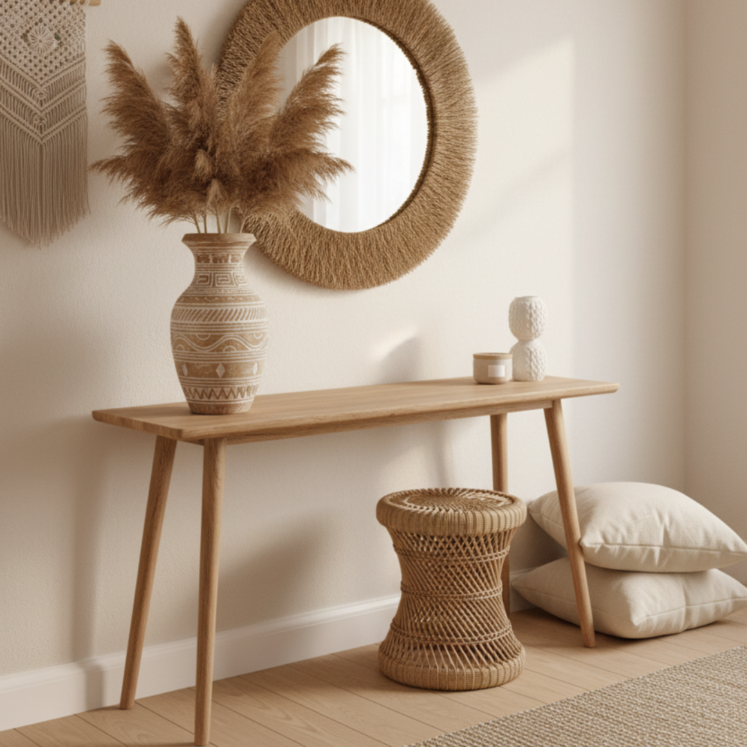 Nordic-style interior with console table, woven stool, and decorative mirror.