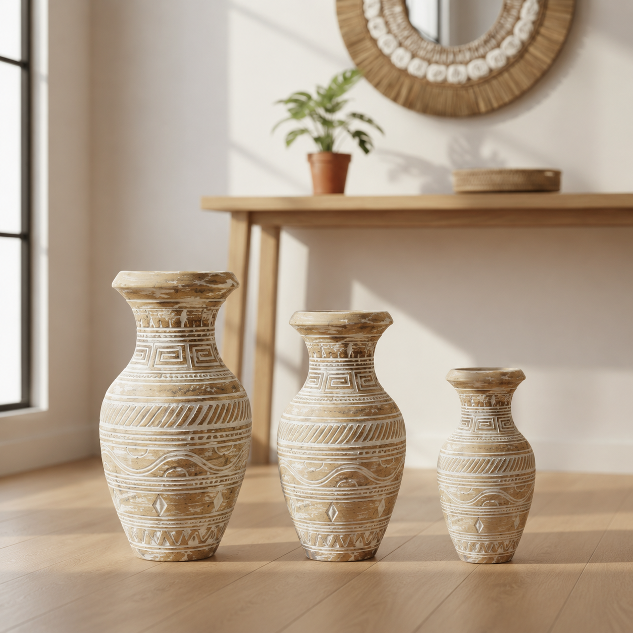 Three decorative vases on a floor with a light background