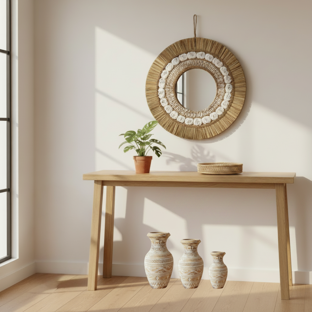 Three decorative pots in large, medium and small sizes on a timber floor — hallway styling with console table and mirror in background