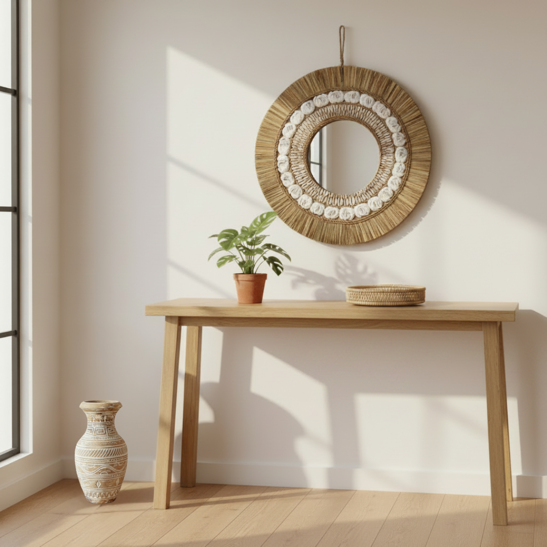 Small hand pot on the floor beside a light timber console table, with a round seagrass and cowrie shell mirror above and monstera plant on the table — coastal boho hallway